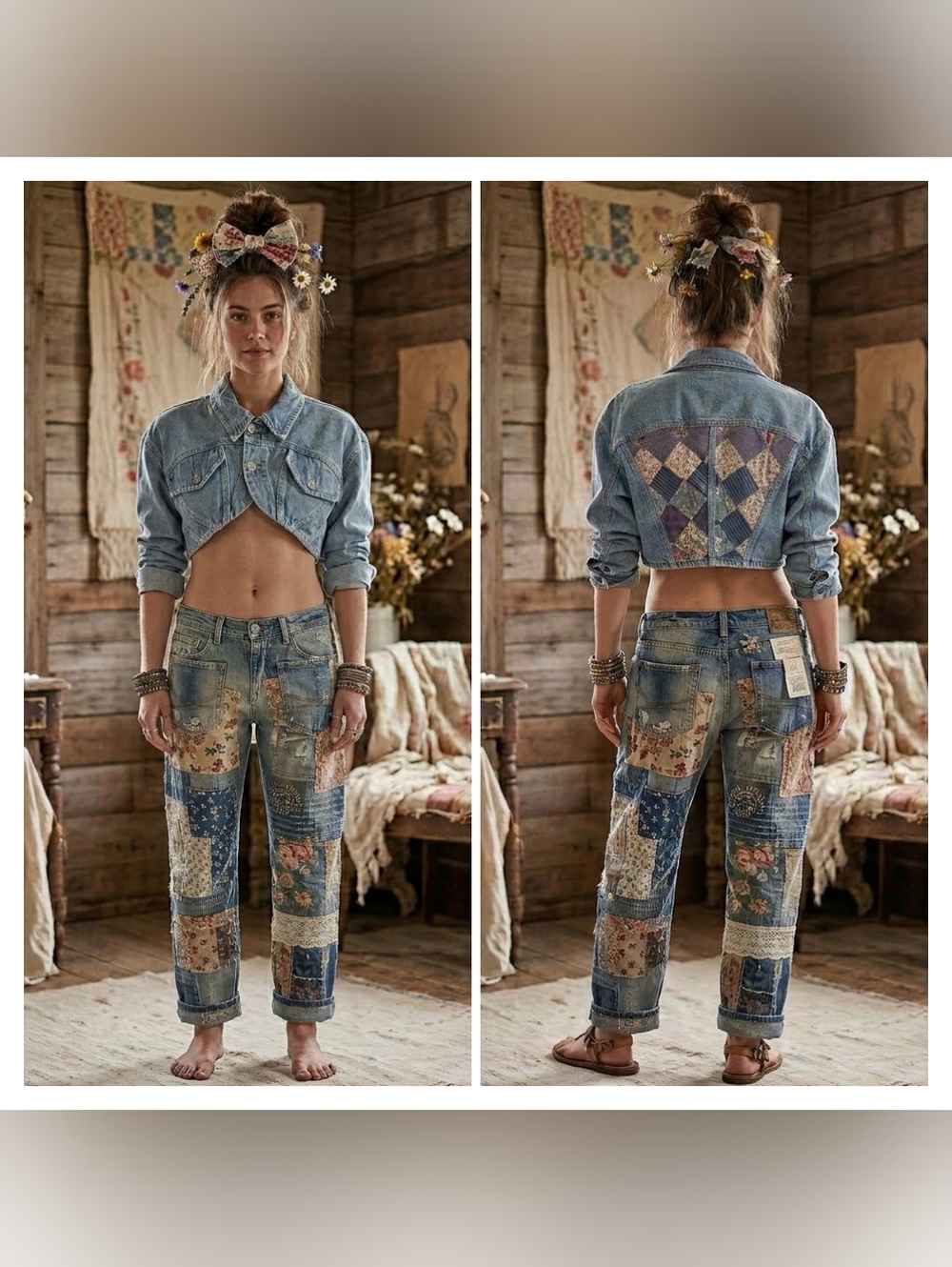 Upcycled Quilt Patchwork Cropped Jean Jacket Size S